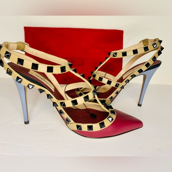 Valentino Garavani Lacquered Rockstud Leather Maroon/Red & Blue Pumps 36EU/6 US - Picture 3 of 16